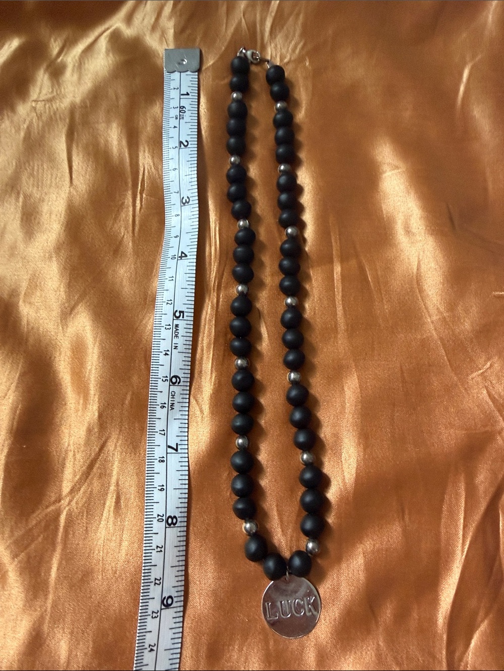LUCK Pendant Sterling Silver and Black Bead Necklace
